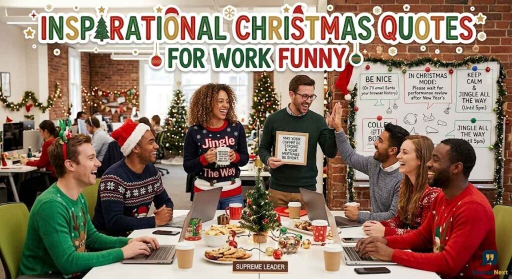 Happy coworkers celebrating Christmas at work, illustrating Inspirational Christmas Quotes for Work Funny with witty signs.