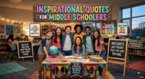 Six happy students in a school library with signs displaying Inspirational Quotes for Middle Schoolers.