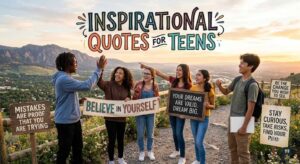 Diverse teens celebrate on a scenic mountain path, displaying signs with inspirational quotes for teens, like "Believe in Yourself."