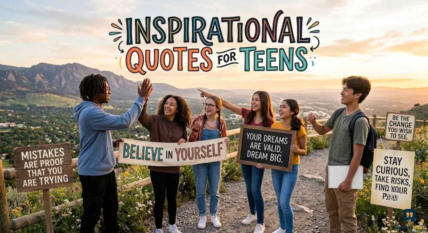 Diverse teens celebrate on a scenic mountain path, displaying signs with inspirational quotes for teens, like "Believe in Yourself."