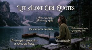 A woman in an olive sweater sits on a bench by a mountain lake, with the quote text overlay, "LIFE ALONE GIRL QUOTES."