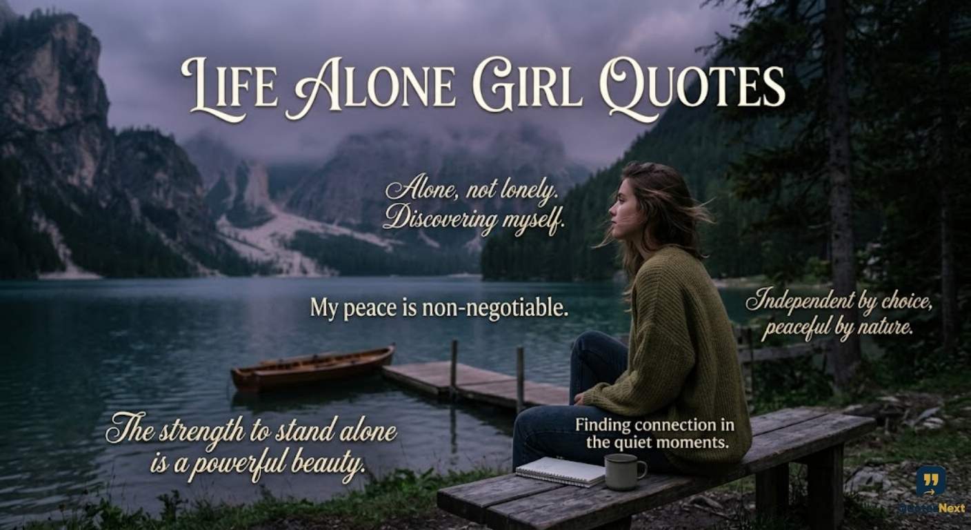 A woman in an olive sweater sits on a bench by a mountain lake, with the quote text overlay, "LIFE ALONE GIRL QUOTES."