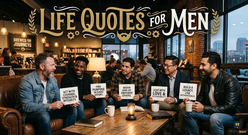 A diverse group of men in a coffee shop holding signs that say Life Quotes for Men.