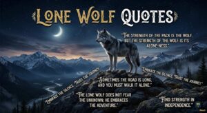A lone wolf stands on a rocky peak under a crescent moon, with "LONE WOLF QUOTES" and mountain scenery in the background.