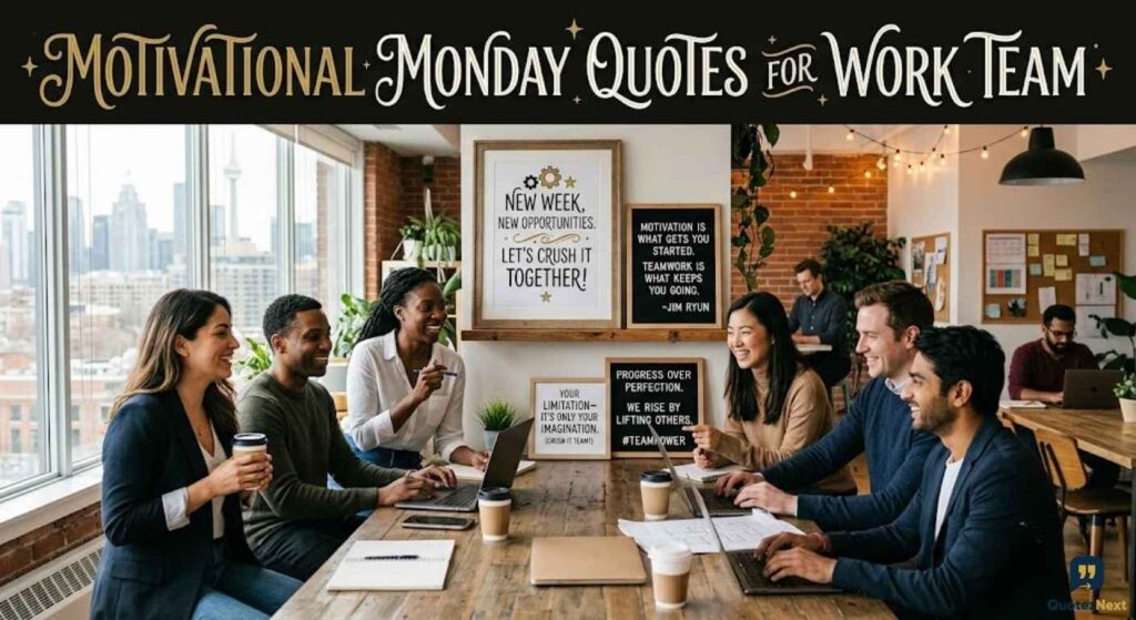 A diverse team collaborates in a modern office, featuring framed Motivational Monday Quotes for Work Team.