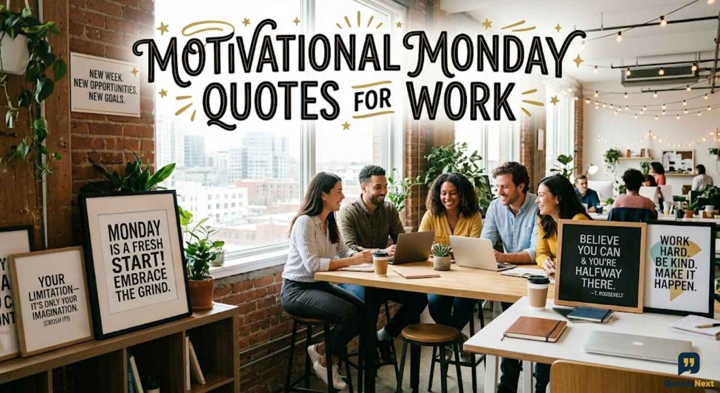 A modern office with colleagues collaborating, and framed signs featuring Motivational Monday Quotes for Work.