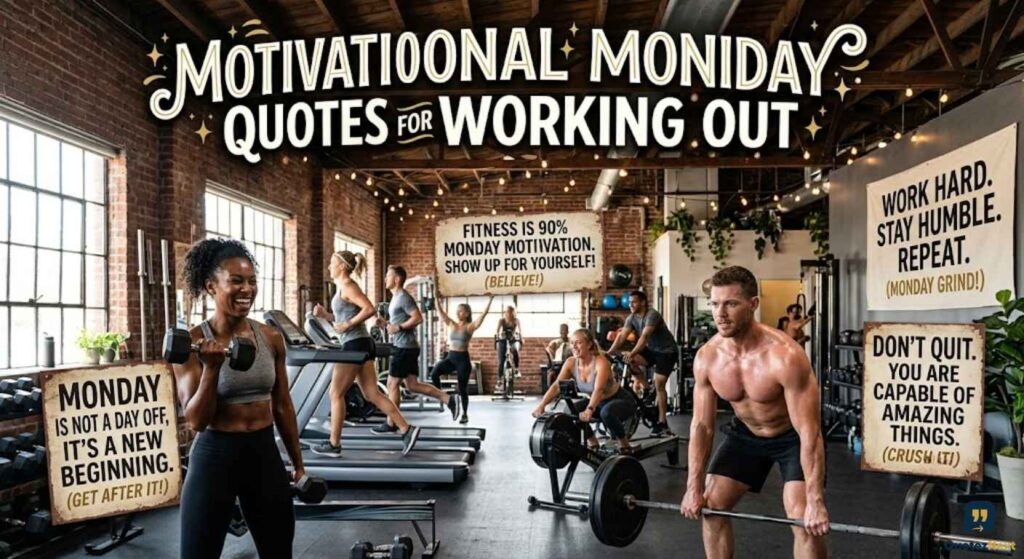 A bustling gym scene featuring people exercising and signs with Motivational Monday Quotes for Working Out.