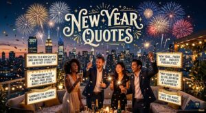 Four people celebrate on a rooftop at night with champagne and sparklers under fireworks. The text says "New Year Quotes."