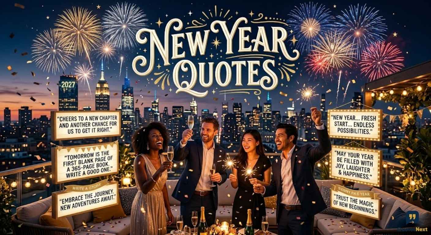 Four people celebrate on a rooftop at night with champagne and sparklers under fireworks. The text says "New Year Quotes."