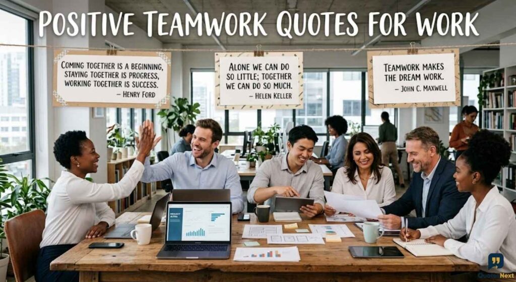 A diverse business team high-fiving and collaborating around a table with Positive Teamwork Quotes for Work banners in a modern office.