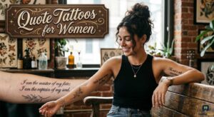 A woman with script tattoos on her arms sits on a bench in a tattoo studio with a "Quote Tattoos for Women" sign.
