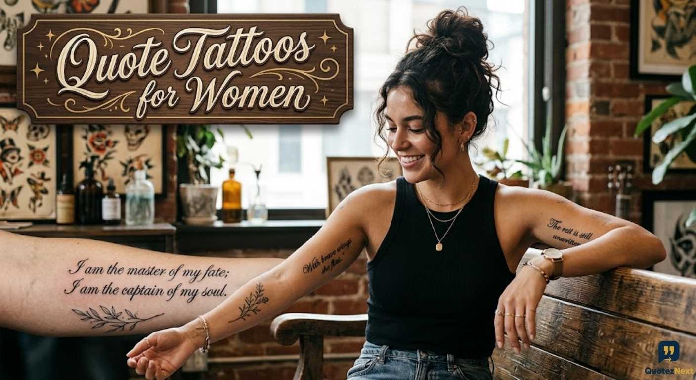 A woman with script tattoos on her arms sits on a bench in a tattoo studio with a "Quote Tattoos for Women" sign.