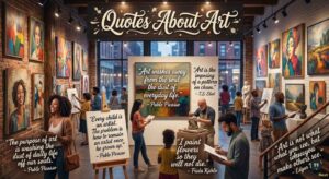 A busy art gallery where people view and create art, with famous quotes by artists displayed throughout the space.
