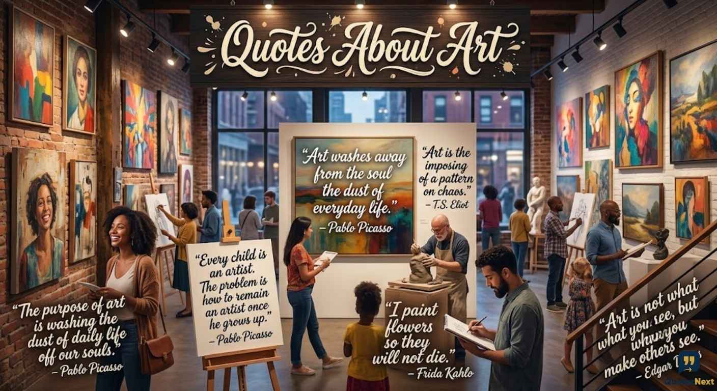 A busy art gallery where people view and create art, with famous quotes by artists displayed throughout the space.