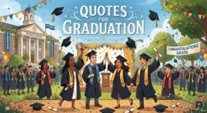 A festive illustration of graduates in caps and gowns celebrating outdoors with confetti, scrolls, and trees. Quotes for Graduation.