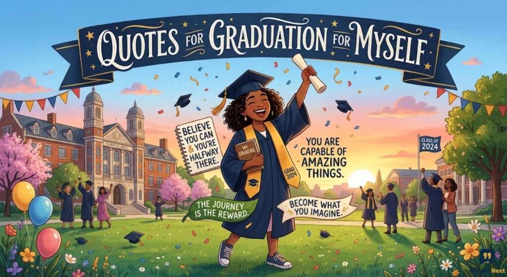 A joyful graduate holds inspirational messages and a diploma under a banner reading Quotes for Graduation for Myself.