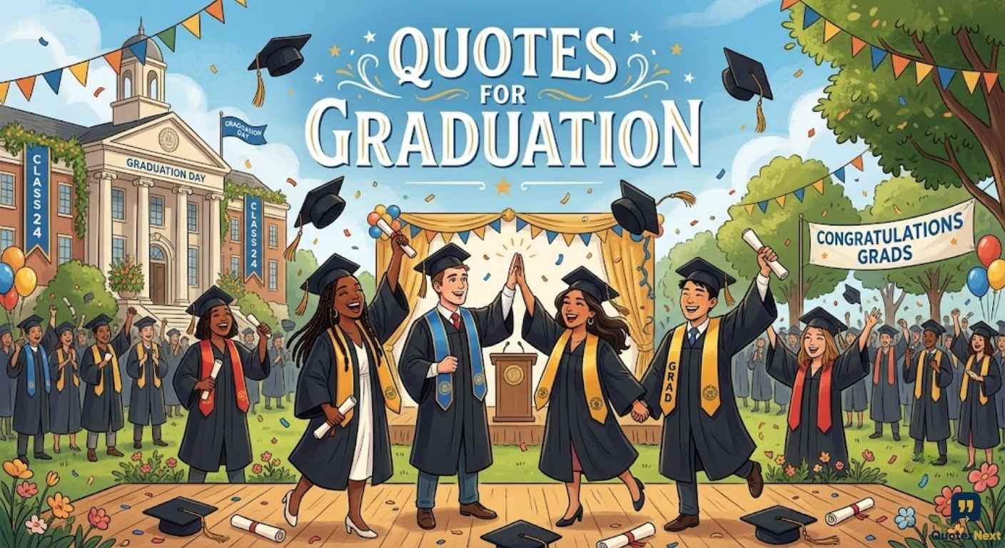 A festive illustration of graduates in caps and gowns celebrating outdoors with confetti, scrolls, and trees. Quotes for Graduation.
