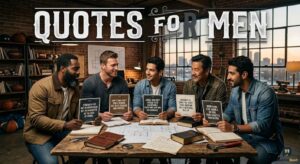 Five men are gathered around a table with architectural plans and books, holding cards that feature Quotes for Men.