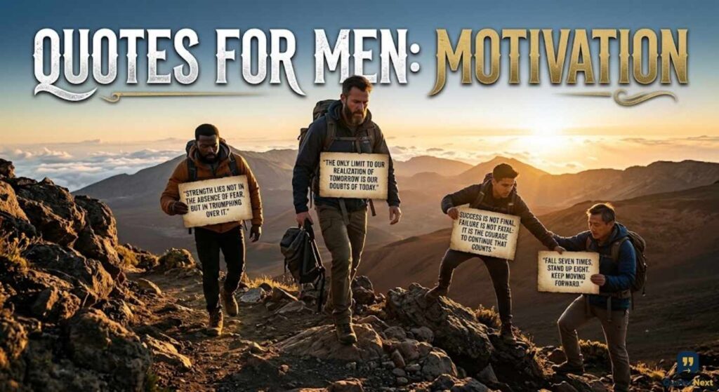 Four hikers hold motivational signs with Quotes for Men Motivation on a sun-drenched mountain ridge.