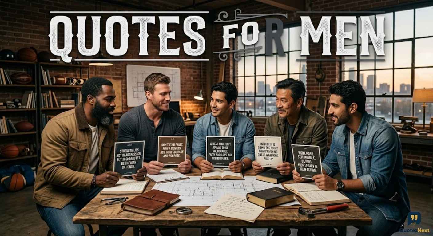 Five men are gathered around a table with architectural plans and books, holding cards that feature Quotes for Men.