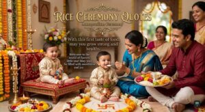 Indian family celebrates baby's first rice ceremony with a mother feeding the infant in a traditional, floral-decorated setting.