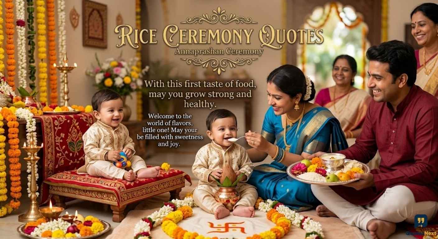 Indian family celebrates baby's first rice ceremony with a mother feeding the infant in a traditional, floral-decorated setting.