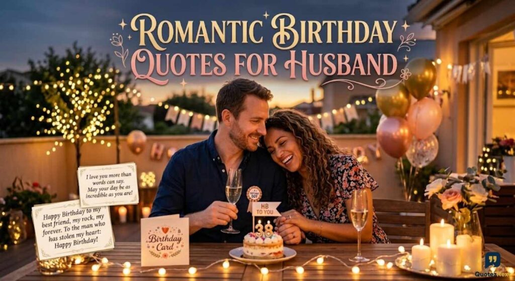 A romantic couple celebrates a birthday on a patio, showcasing Romantic Birthday Quotes For Husband on decorative cards.