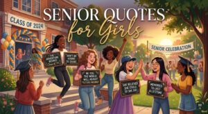 Happy high school graduate friends hold chalkboards featuring inspiring Senior Quotes for Girls outside a campus building.