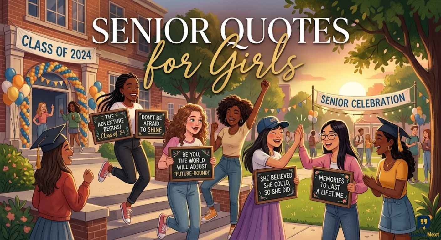Happy high school graduate friends hold chalkboards featuring inspiring Senior Quotes for Girls outside a campus building.