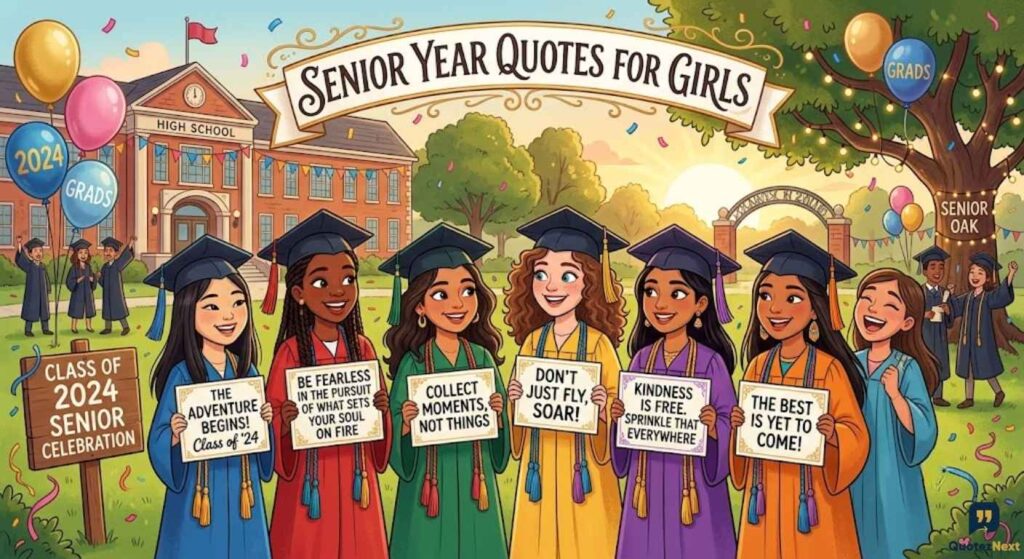 Graduates in colorful gowns hold signs featuring inspirational Senior Year Quotes for Girls outside a high school.