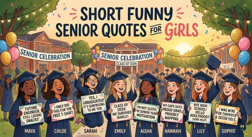 Graduates in caps and gowns cheer while holding signs with Short Funny Senior Quotes for Girl outside high school campus.