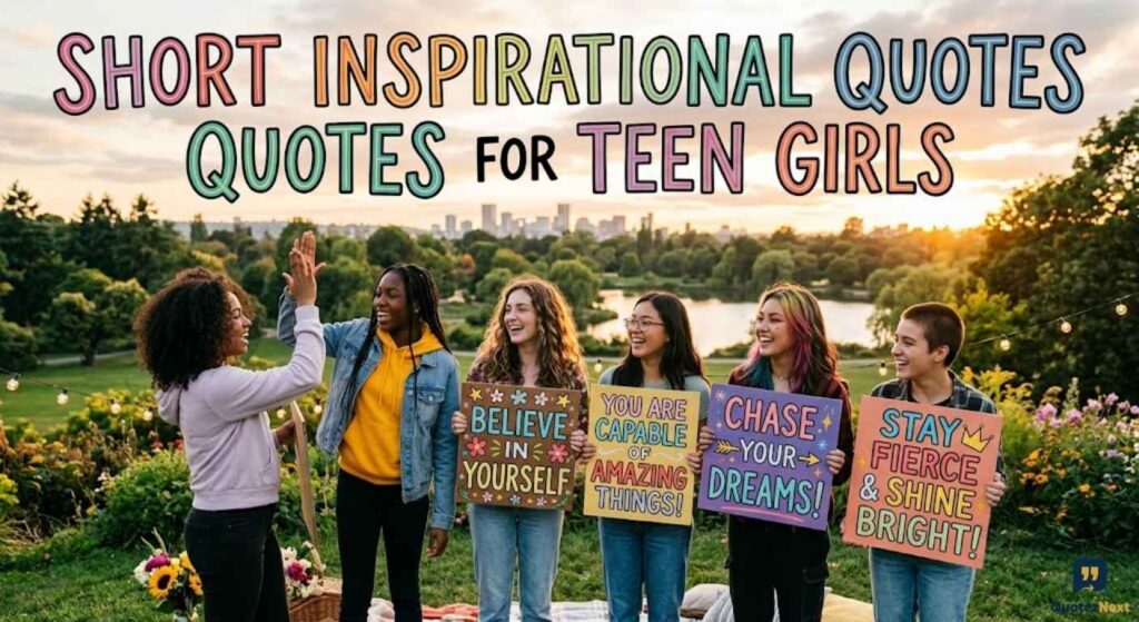 Diverse teen girls celebrate outdoors, holding signs with Short Inspirational Quotes for Teen Girls like "Believe in Yourself."