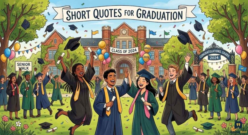 Graduates in caps and gowns celebrate with high-fives and jumping. Includes text Short Quotes for Graduation.