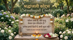 A stone memorial in a white rose garden adorned with garlands, featuring the title "Shradhanjali Quotes" and Hindi text.