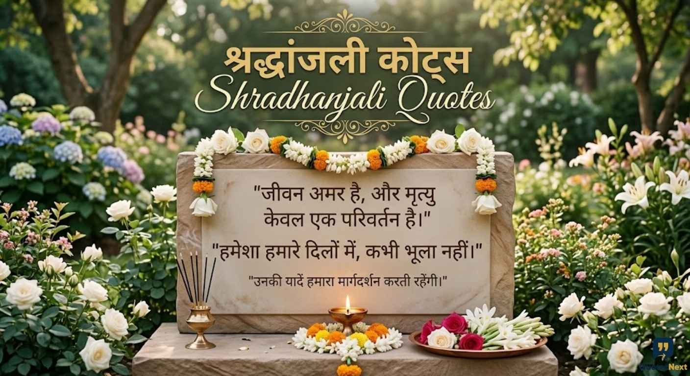 A stone memorial in a white rose garden adorned with garlands, featuring the title "Shradhanjali Quotes" and Hindi text.