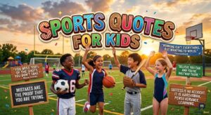 Four kids celebrating on a field with motivational sports quotes for kids, like "You miss 100% of the shots you don't take."