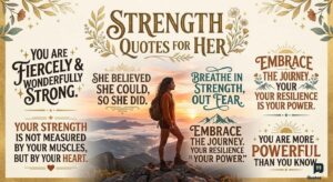 A woman stands on a mountain peak at sunset, surrounded by motivational text and the title "Strength Quotes for Her".