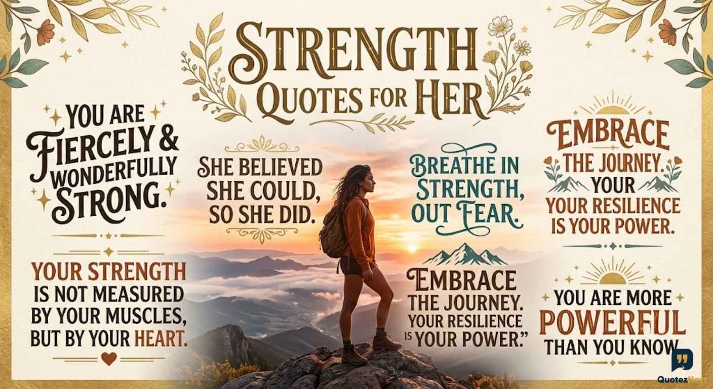 A woman stands on a mountain peak at sunset, surrounded by motivational text and the title "Strength Quotes for Her".