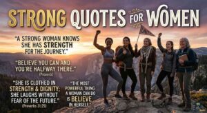 A mountain sunrise scene with 5 diverse women, featuring inspirational text and the title 'Strong Quotes for Women'.