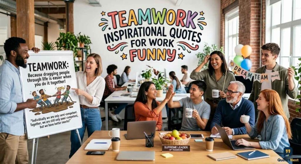 Diverse, happy coworkers laughing and working in a modern office, featuring Teamwork Inspirational Quotes for Work Funny.