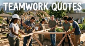 A diverse group collaborates on a community project outdoor construction site representing inspiring Teamwork Quotes.