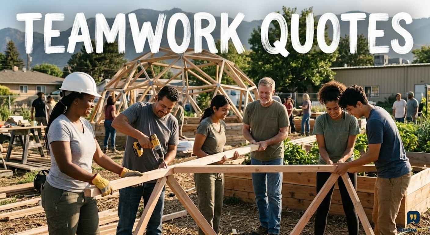 A diverse group collaborates on a community project outdoor construction site representing inspiring Teamwork Quotes.