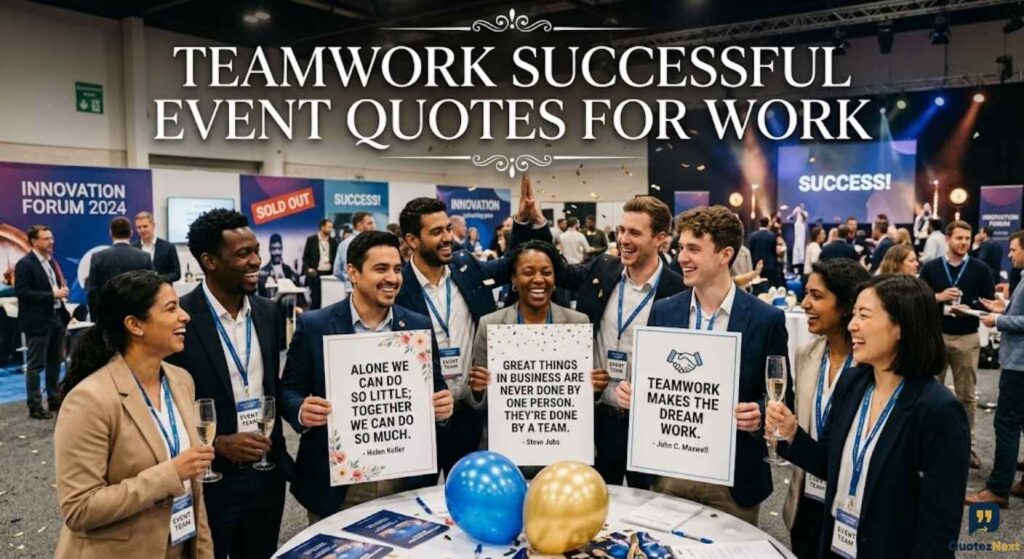 A diverse corporate team celebrates with signs and champagne. Focus keyword: Teamwork Successful Event Quotes for Work.
