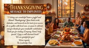 A diverse corporate team enjoys a cozy holiday feast next to a large banner titled "Thanksgiving Message to Employees."