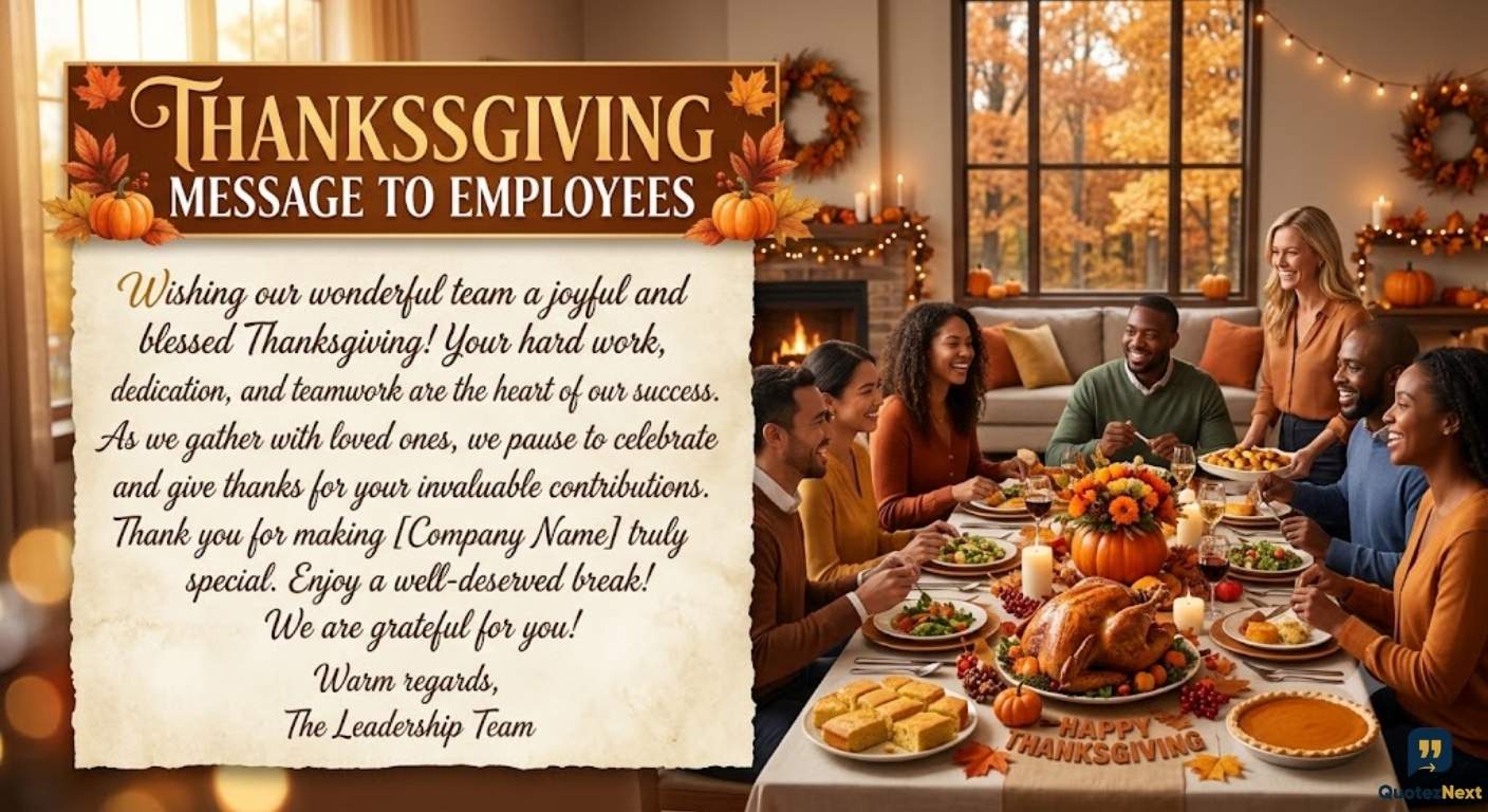 A diverse corporate team enjoys a cozy holiday feast next to a large banner titled "Thanksgiving Message to Employees."
