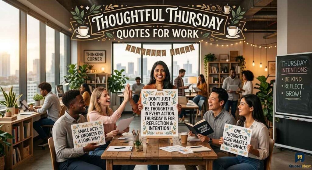 A happy team high-fives around posters featuring Thoughtful Thursday Quotes for Work in a bright office.
