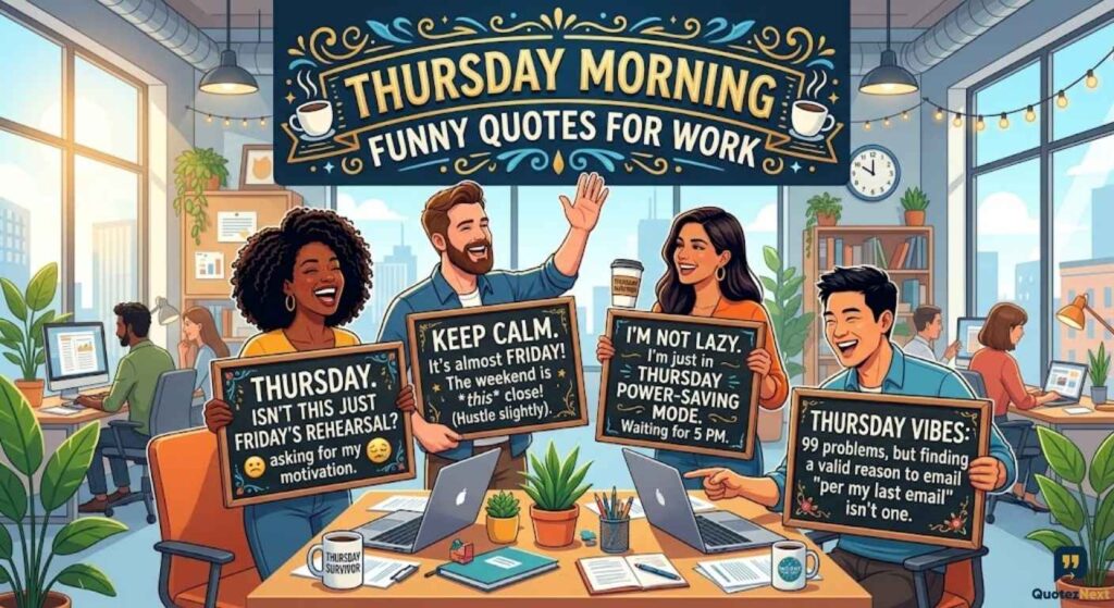Four laughing co-workers hold witty signs sharing Thursday Morning Funny Quotes for Work in a lively office.
