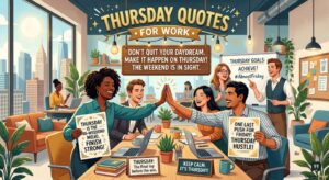 Happy diverse employees high-five and hold inspiring Thursday Quotes for Work signs in a bright, modern open-plan office setting.