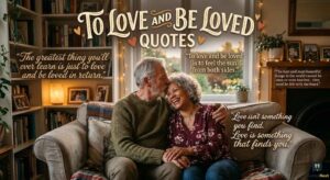 An affectionate elderly couple hugs on a sofa, surrounded by gold text: "To Love And Be Loved Quotes.