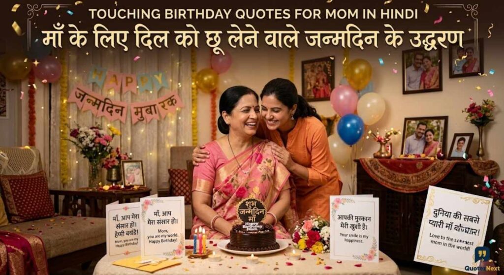 A family celebrates, and cards display touching birthday quotes for mom in Hindi with translations and a happy birthday sign.